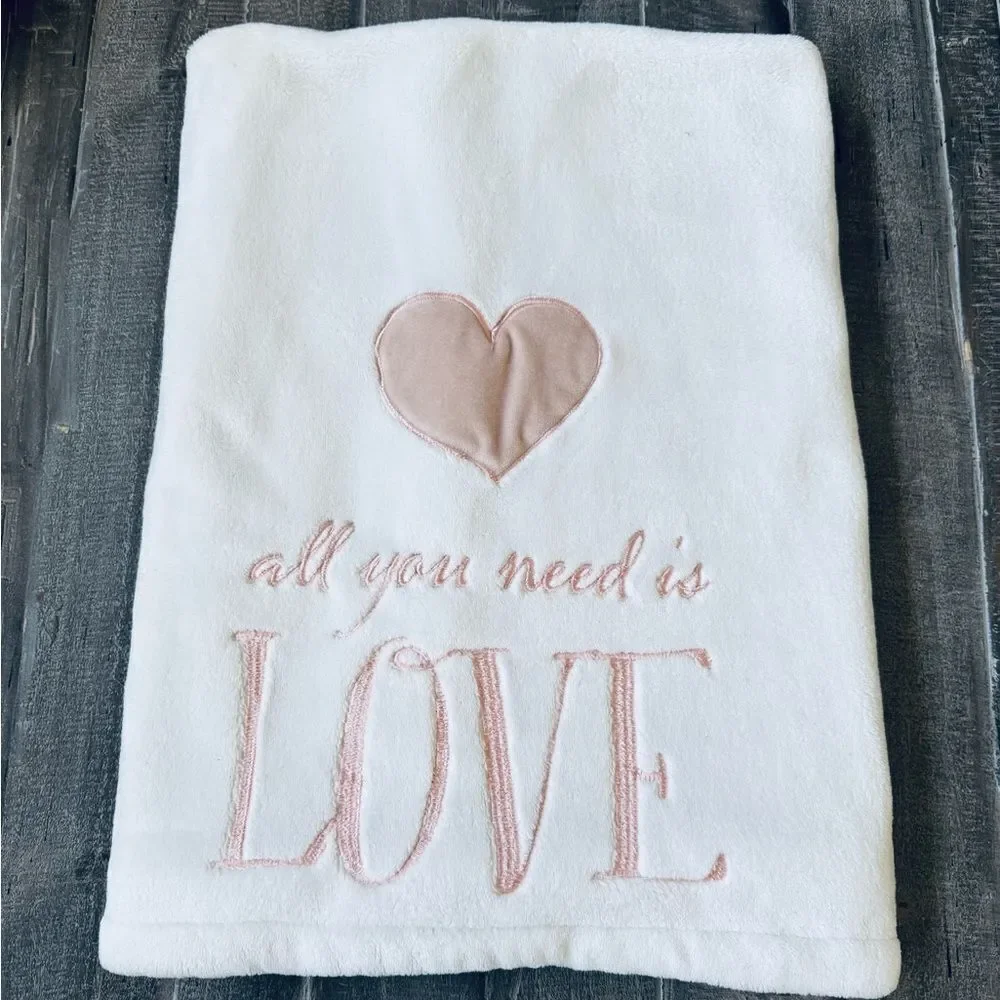 Levtex Baby Blanket Thick Plush Love Pink Heart Embroidery